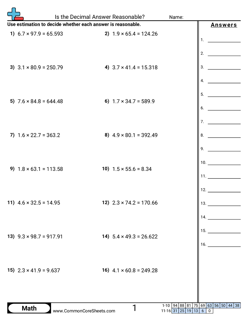 Is the Decimal Answer Reasonable? worksheet