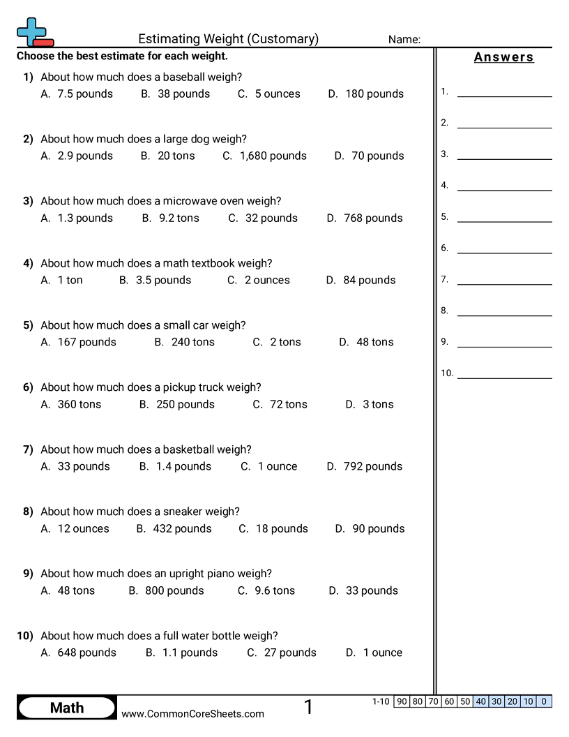 Estimating Weight (Customary) worksheet