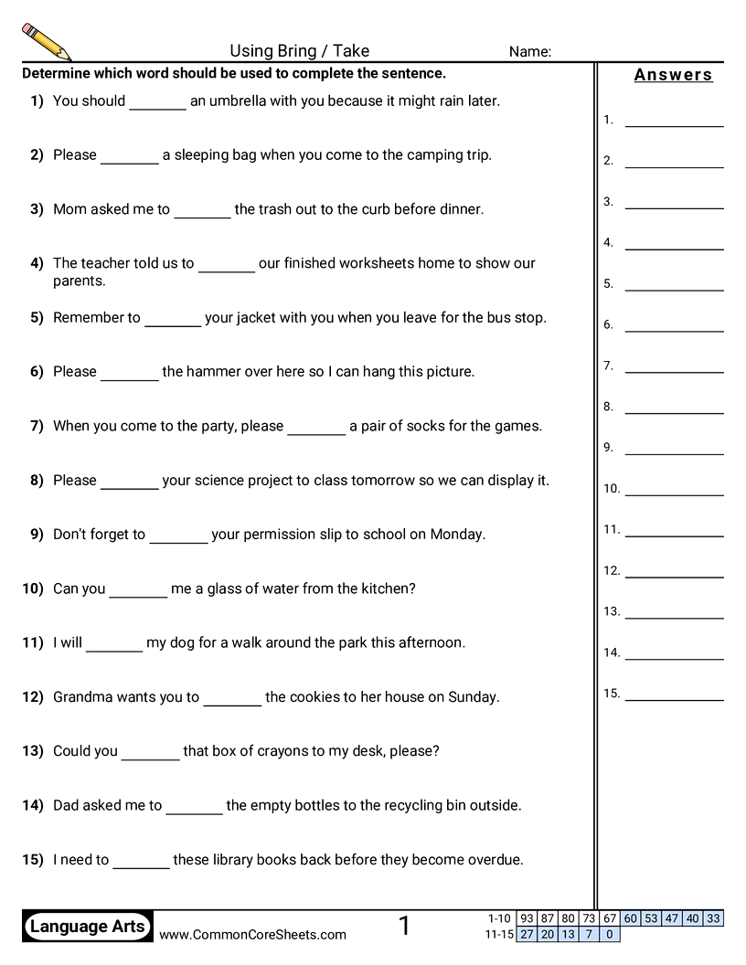 Using Bring / Take worksheet
