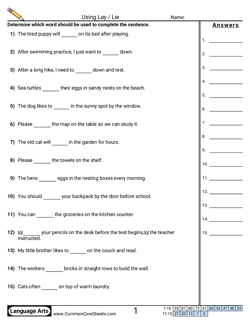Using Lay / Lie worksheet