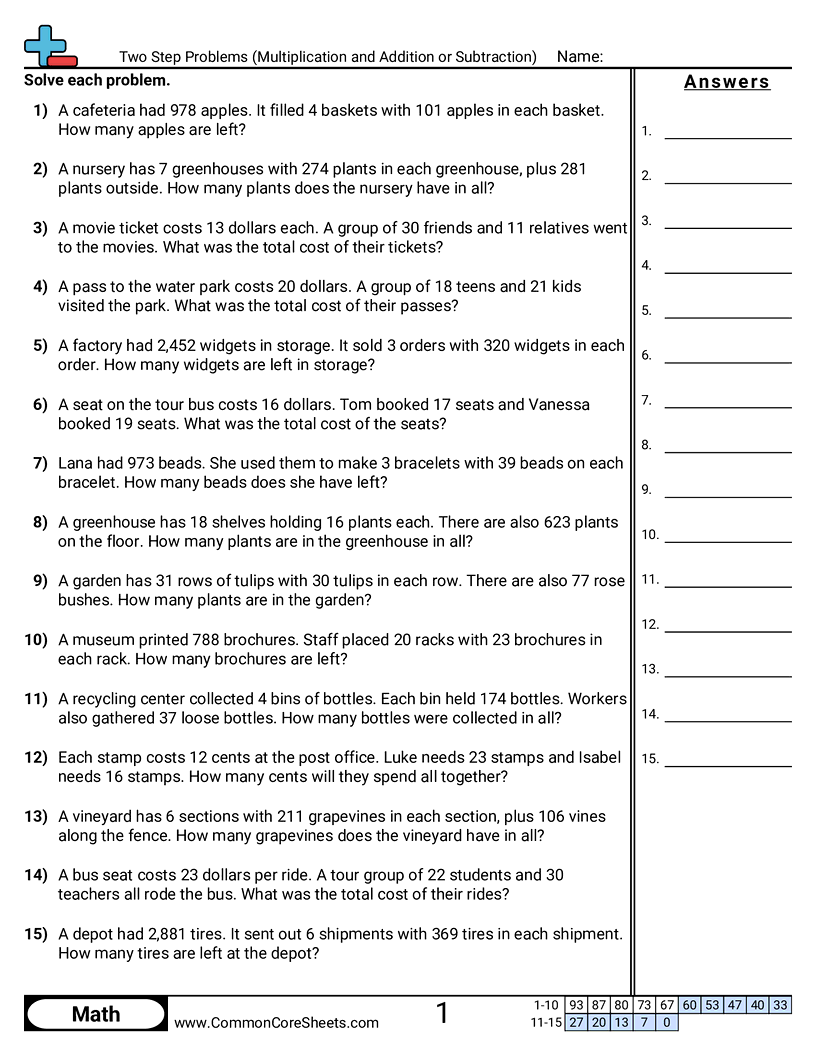 Two Step Problems with Multiplication (Word Problems) worksheet