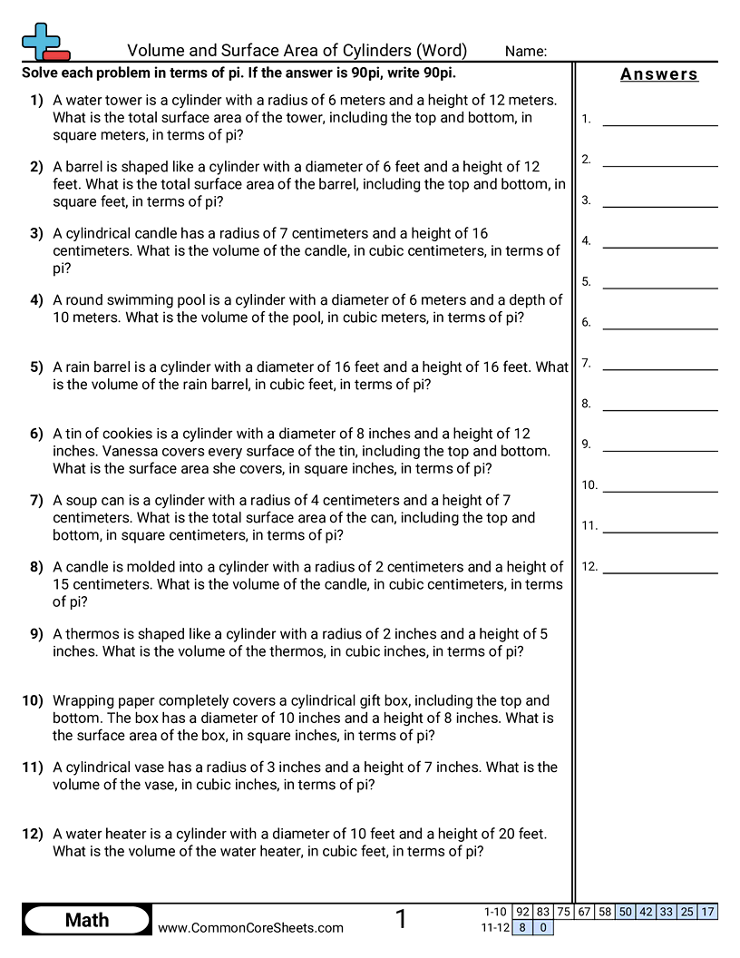 Volume and Surface Area of Cylinders in Terms of Pi (Word Problems) worksheet
