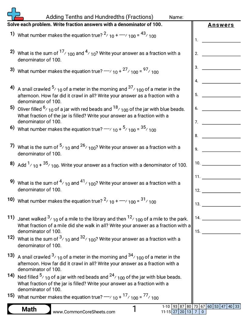 Adding Fractions with Denominators 10 and 100 worksheet