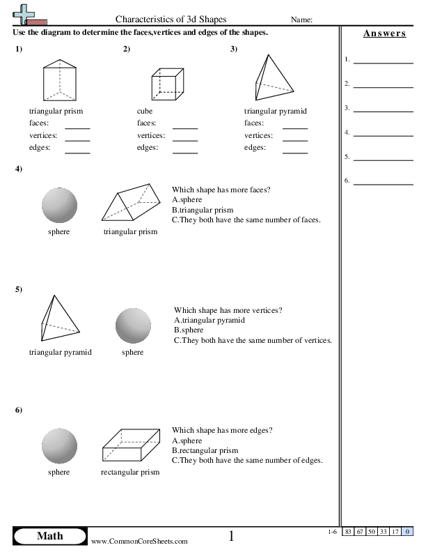 Properties of 3D Shapes Worksheet, Math